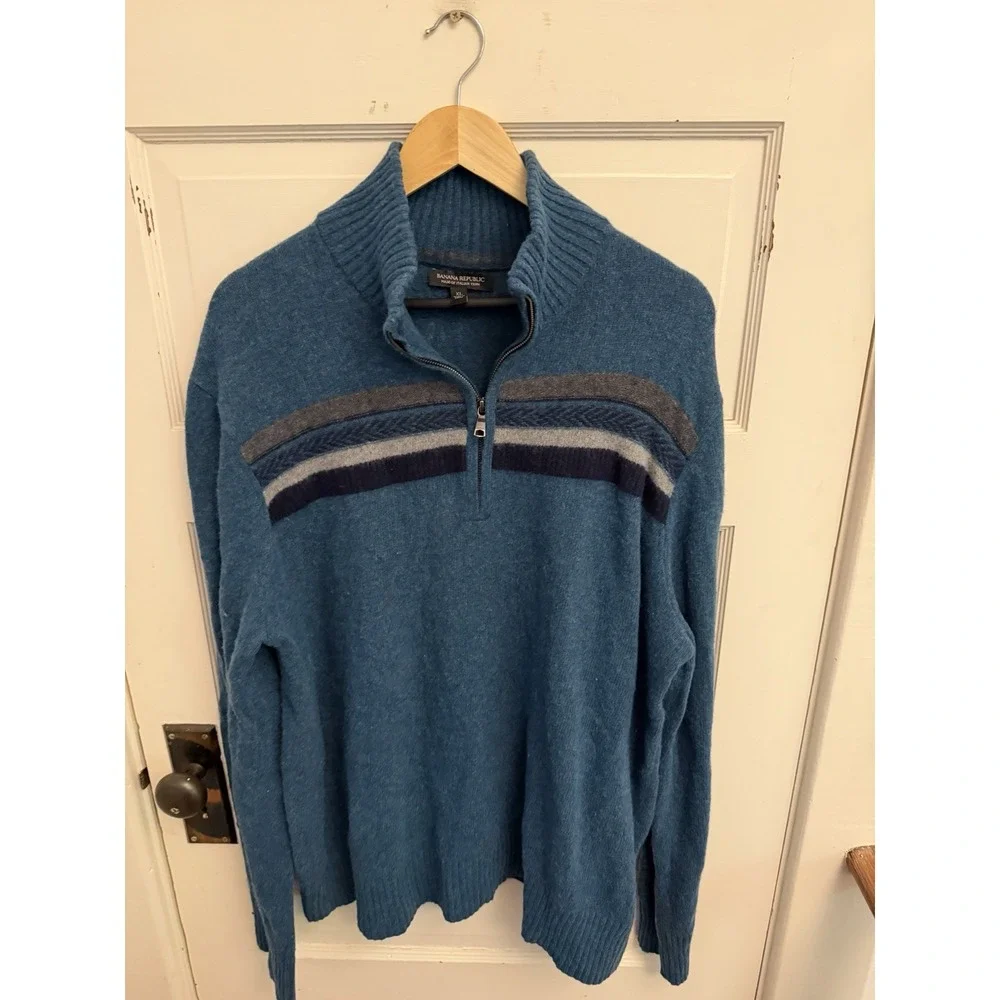 Banana Republic Men's Blue Striped Italian Wool Blend 1/4 Zip Sweater Size XL